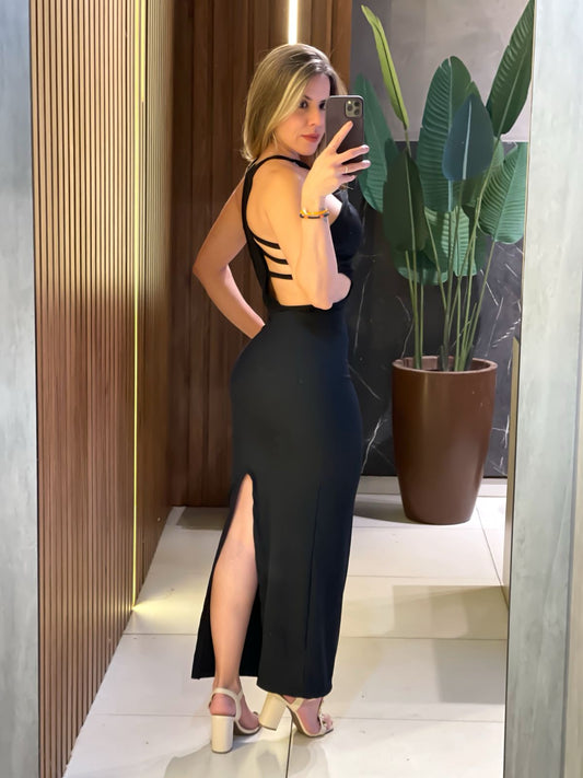 Vestido Longo em Ribana de Alça com Recortes Laterais