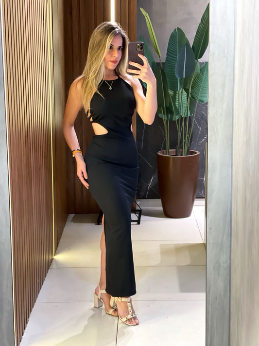 Vestido Longo em Ribana de Alça com Recortes Laterais
