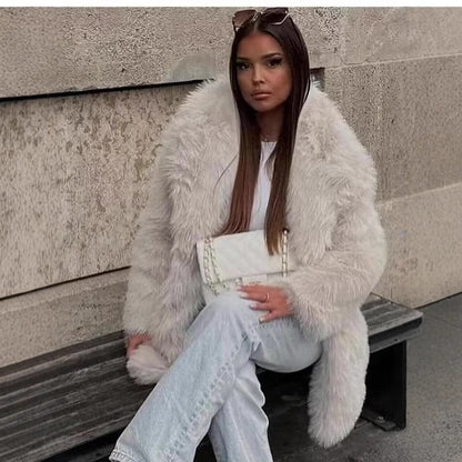 Women’s Winter Plush Coat – Thickened Lapel, Casual Long Sleeve, Fashionable Outerwear